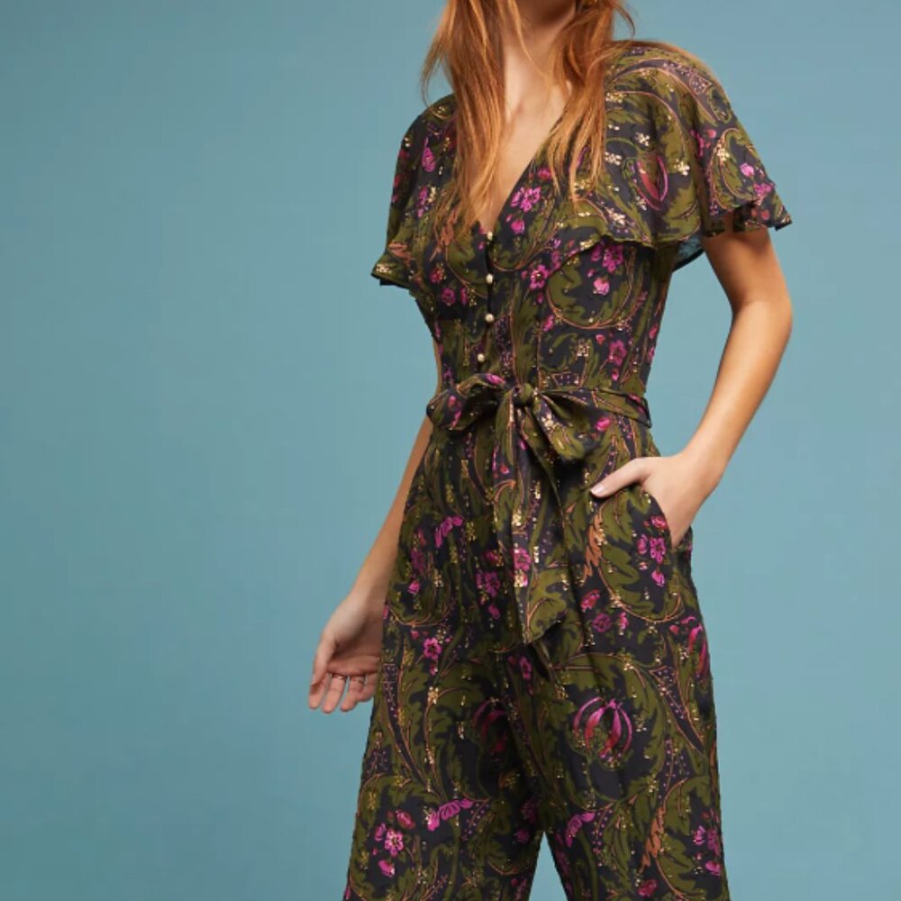 Anthropologie Brenda Cropped Jumpsuit Size OP Green Gold Floral Flutter Sleeve